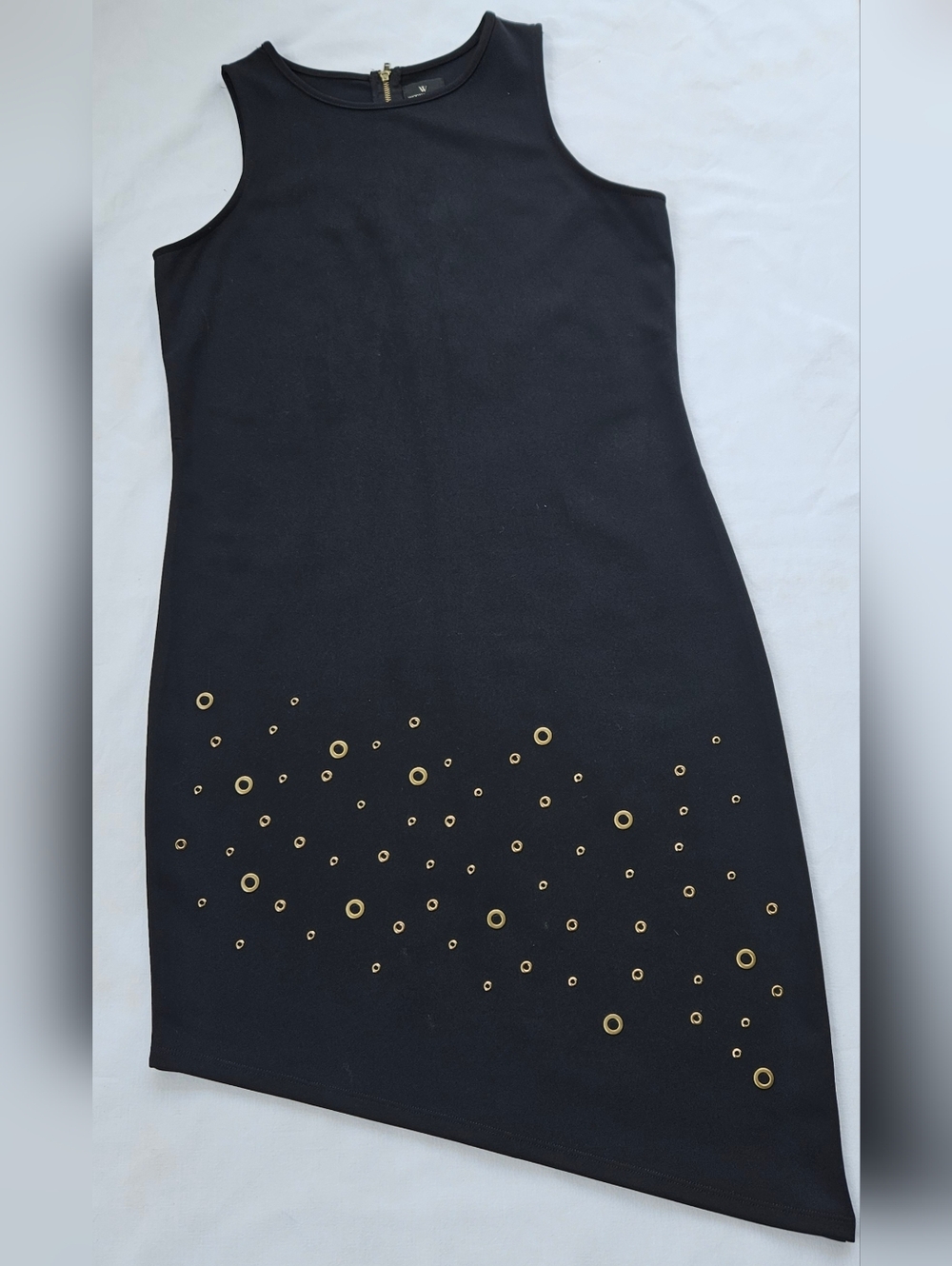 Worthington Black Sheath Dress Asymmetrical Hem Gold Detail Size S - Picture 2 of 7